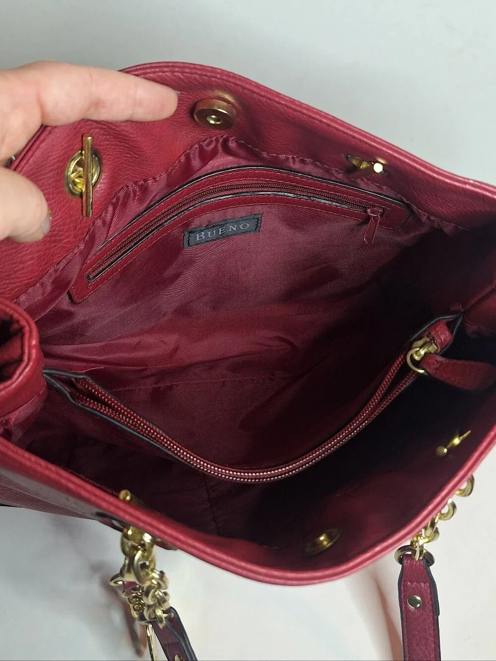 Bueno Red Faux Vegan Leather Shoulder Bag Gold Chain Strap Charm Medium Purse